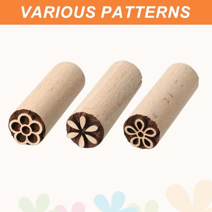 HARFINGTON 3pcs Wood Pottery Tools Stamps 0.6" Dia 2" Length Wooden Natural Clay Pottery Stamps Set 3 Floral Pattern for Cookie Cake Dessert - style: 3 Floral Pattern