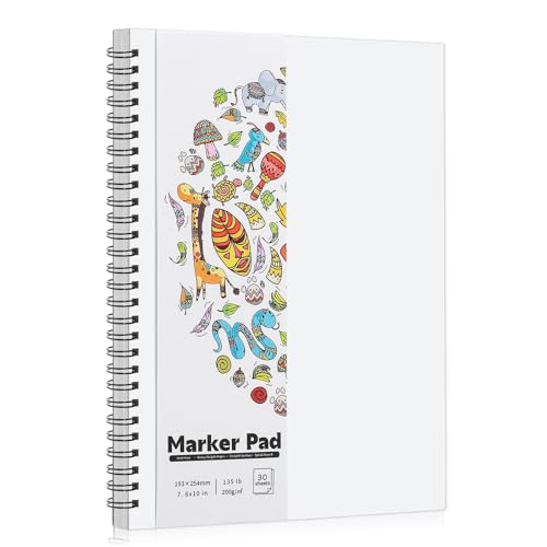 7.6 × 10In Marker Sketchbook, 200gsm Double-Sided Bleedproof Marker Paper | 30 Sheets Acid-Free Smooth Paper, Spiral Bound & Tear Line, Lays Flat for Markers, Pens - size: 7.6×10 Inch (1 pack)