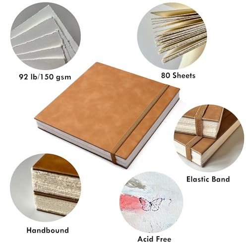 tumuarta Deckle Edge Paper Sketchbook, 92 LB, 150 GSM, 80 Sheets Mixed Media Paper, Acid Free, Handmade Journal Hardbound Sketch Book for Pencil, Ink, Markers, Acrylic and More (6" X 6") - size: 6" X 6"