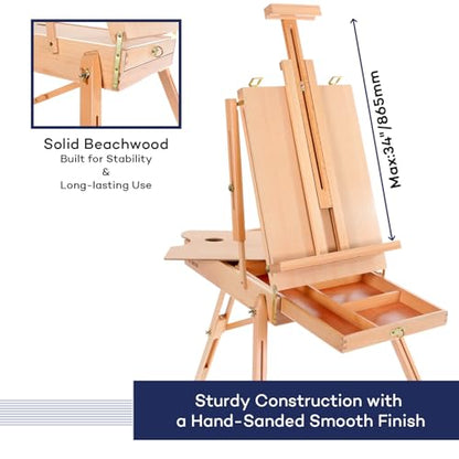 Artkey Beechwood French Easel with Sketch Box & Storage Drawer, Portable Folding Tripod Field Easel for Plein Air Painting, Adjustable Height up to 71", Holds Canvas up to 34", Natural Wood