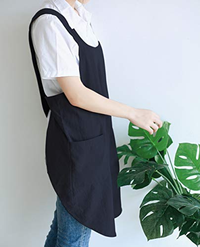 NEWGEM Japanese Cotton Linen Cross Back Cooking Apron for Women Men with Pockets Cute for Baking Kitchen - color: 04 - Women's Black