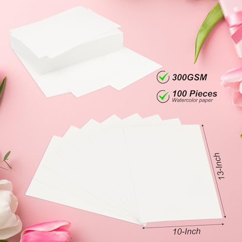 PATIKIL 100 Pcs Pure Cotton Watercolor Paper 140lb/300 GSM Water Coloring Paint Paper for Art Painting Watercolor Drawing Artist, 10x13 Inch - size: 10x13 Inch