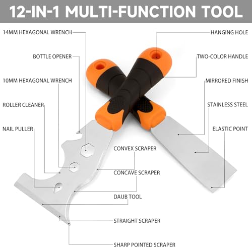 WEGAZ 2 Pack 12-In-1 3" Putty Knife Paint Scraper, 1.5" Stainless Steel | Heavy Duty Scraper Tool, Ergonomic Handle, Multi-Use Paint Scraper Tool for Painting & Wood