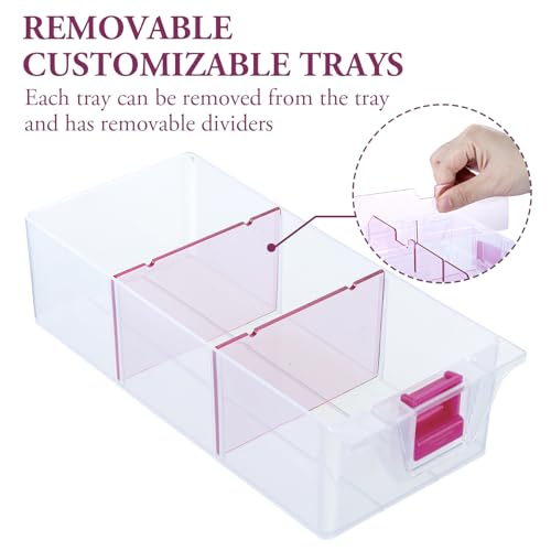MyGift 11 Inch Clear Arts and Crafts Stackable Container, Sewing Supplies Storage Organizer Case with Pink Accents, 24 Customizable Compartments, and 6 Drawers with Removable Dividers - color: Pink