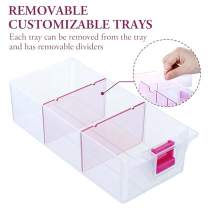 MyGift 11 Inch Clear Arts and Crafts Stackable Container, Sewing Supplies Storage Organizer Case with Pink Accents, 24 Customizable Compartments, and 6 Drawers with Removable Dividers - color: Pink