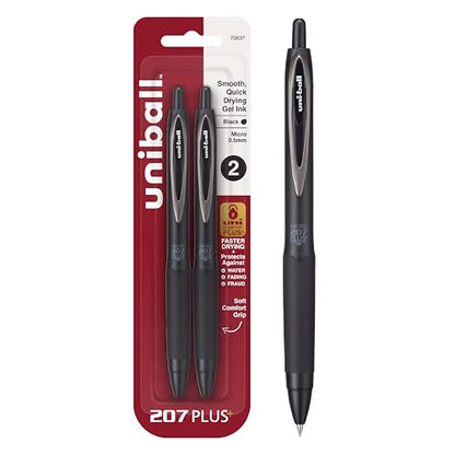 uniball™ 207 Plus+ Gel Pens, Black Ink, 0.5mm Micro Point, 2 Count