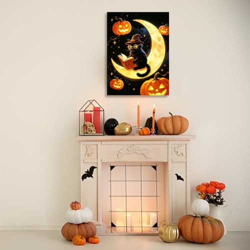 Muzagroo Art 5D Halloween Diamond Paintings Kits for Adults Round Full Drill Pumpkin Diamonds Art Kits for Beginners cat Diamond Art Paintings Gem Art Kits Diamond Dots Kits 30x40cm (cat and Moon) - color: Cat&Moon