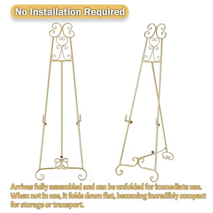 Metal Large Free Standing Adjustable Display Stand Scroll Easel with Chain Support, Gold Easel Stand for Sign, Heavy Duty Easel for Mirror, Wedding, Picture Frame (No Installation Required) - style: Scroll-Gold