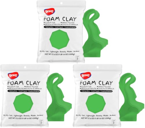 BOHS Green Modeling Foam Clay Lite - 500 Grams, Soft, No Stains, No Cracks - Air Dry Clay for Flower Mirror,Cosplay, Figurine, Slime - 1.1 Lbs. (Pack of 3) - color: Green, size: 500 g (Pack of 3)