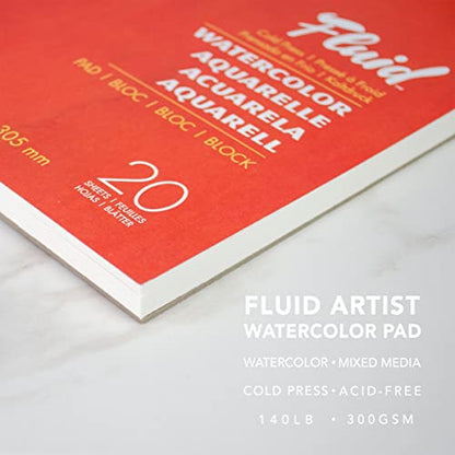 Fluid Watercolor Paper Fold Over Pad, 11 x 15 inches, 20 White Sheets 140 lb (300 GSM) Cold Press for Artist Painting and Wet Media - size: 11x15 Inches