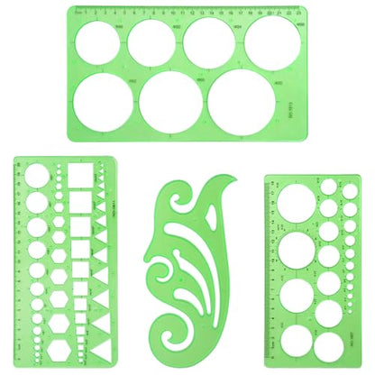 4 Pcs Geometric Drawings Templates, Measuring Geometry Rulers Drafting Stencils Measuring Tools, Transparent Green Plastic Drawing Tool for Design School Studying Office Architecture Teaching Supplies