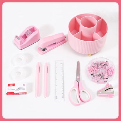 Gawsey Pink Desk Organizers and Accessories with Desk Organizer 360° Rotating Pen Holder and Office Supplies, Cute Stationery Supplies Set - color: Pink