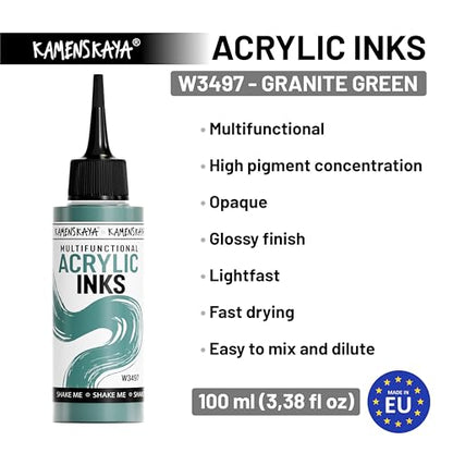 Acrylic Inks for Artists - 'Granite Green' Acrylic Ink, 3.38 Fl Oz (100 ml) | Highly Concentrated, Multifunctional Liquid Acrylic Paint - color: Granite Green