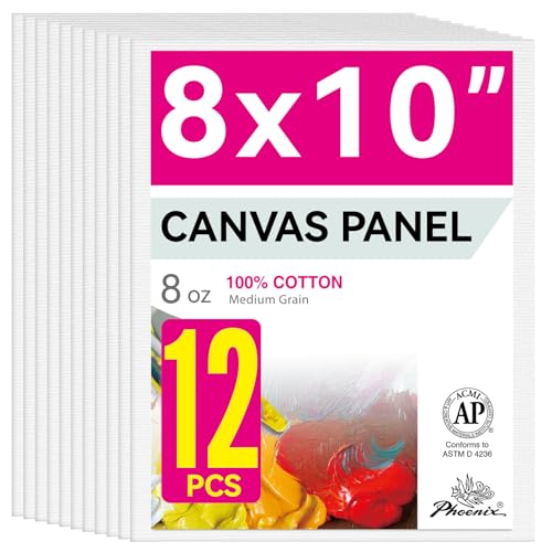 PHOENIX Painting Canvas Panels 8x10 Inch, 12 Value Pack - 8 Oz Triple Primed 100% Cotton Acid Free Canvas Boards for Painting, White Blank Flat Canvas Boards for Acrylic, Oil Paints - color: White, size: 8" x 10"