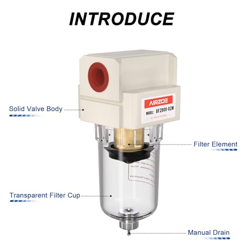 AIRZOE 1/4" NPT Air Dryer for Compressor - Air Compressor Water Separator AF2000-02, Manual Drain,5 Micron Brass Element, Poly Bowl - size: 1/4" NPT