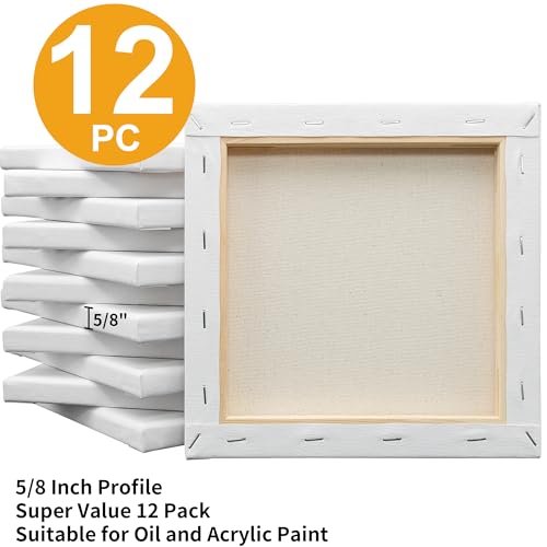 FIXSMITH Stretched White Blank Canvas- 8x8 Inch,Bulk Pack of 12,Primed,100% Cotton,5/8 Inch Profile of Super Value Pack for Acrylics,Oils & Other Painting Media. - size: 8"x8"-12Pack