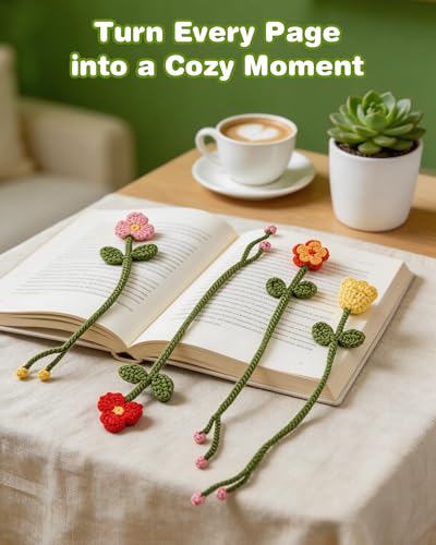 WaldyWop Crochet Kit for Beginners: 8 Flower Bookmarks Knitting Kit w/Video - color: Flower Bookmarks