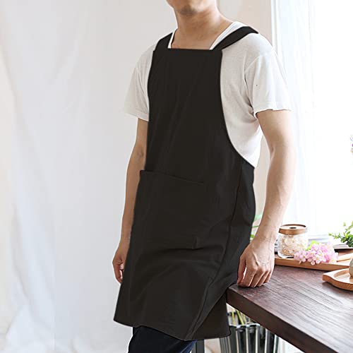 NEWGEM Japanese Cotton Linen Cross Back Cooking Apron for Women Men with Pockets Cute for Baking Kitchen - color: 14 - Men's Black
