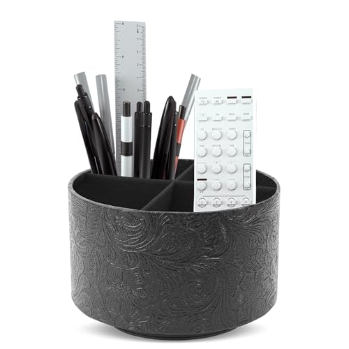 Round Leather Art Supply Organizer,Remote Control Holder,360 Degree Spinning,Multi-Functional Pencil Holder,4 Compartments Desktop Stationary Organizer(1-Black2) - color: 1-Black2