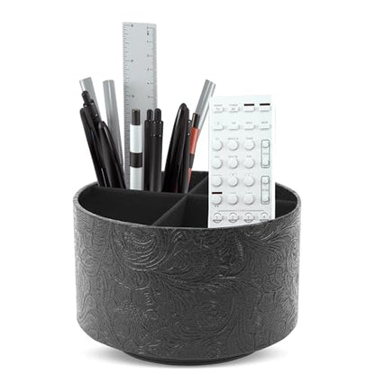 Round Leather Art Supply Organizer,Remote Control Holder,360 Degree Spinning,Multi-Functional Pencil Holder,4 Compartments Desktop Stationary Organizer(1-Black2) - color: 1-Black2
