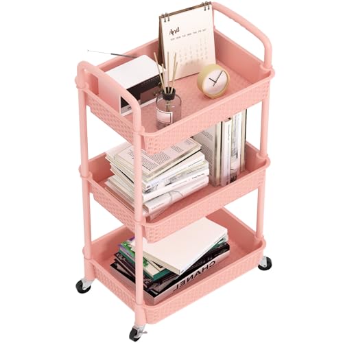 MOYIPIN 3-Tier Plastic Rolling Utility Cart with Handle,Utility,Pink | Utility Storage Cart for Office, Living Room, Kitchen,Movable Storage Organizer，Easy installation，Rattan-like art design - color: Pink, size: 3-Tiers without cups