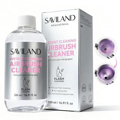 SAVILAND 500ML Airbrush Cleaner: 10s Instant Cleaning Makeup Brush Ceaner Large Capacity Odor Free Precision Bottle for Water-Based Acrylic Paint Airbrush Gel Nail Polish Clog Removal Salon