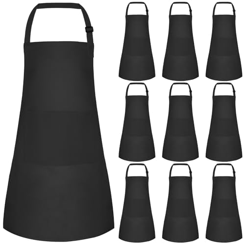 10 Pack Kids Apron Adjustable Children Apron with 2 Pockets Children Chef Painting Aprons for Cooking Baking Painting Crafts Making (Black) - color: Black