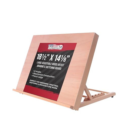 U.S. Art Supply Large 18-1/2" x 14-1/8" (A3) Wooden Drawing Board, Adjustable Table Top Easel for Painting and Drawing - Drafting Board with 6 Angles, Pencil Ledge - size: Large