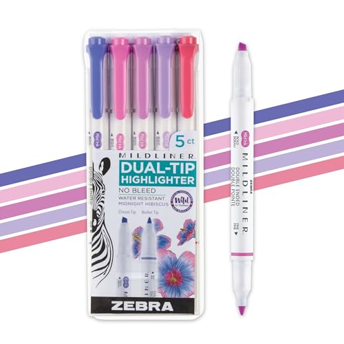 Zebra Pen MILDLINER Highlighter, Midnight Hibiscus Colors, Dual Tip, 5-Pack | No Bleed, Broad and Fine Point Tip, Ideal for Bible Highlighting, Journaling, School, Teacher and Office Supplies (78375) - color: Midnight Hibiscus