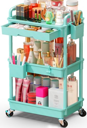 SUNALLY Makeup Cart Organizer with Drawer, 3 Tier Rolling Makeup Cart, Blue - color: Blue, size: 3 Tier