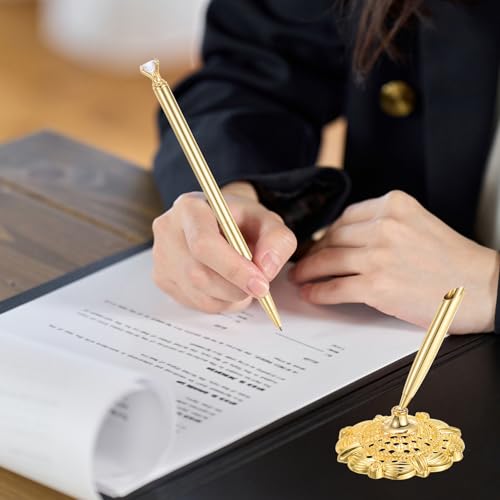 PATIKIL Hollow Round Pen Holder Signing Pen Set, Wedding Pen with Crystal Diamond and Pen Holder for Wedding Guests Book Engagement Opening Ceremony, Gold Tone - color: Gold Tone