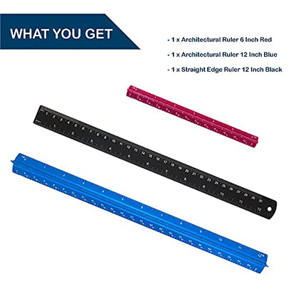 Set of 3 Aluminum Engineering Scale Metal Ruler Set, Architectural Scale Rulers 12 Inch and 6 Inch Triangle Ruler and 12 Inch Straight Edge Ruler Drafting Tools for Architects, Draftsman