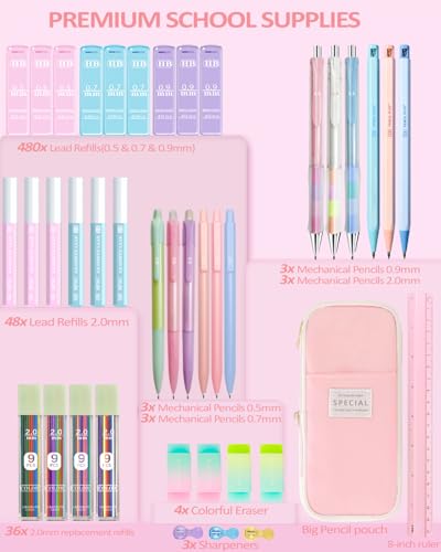JIZHIYUAN 39PC Mechanical Pencil Set with 600 Lead Refills Pink Pencil Case | 0.5mm-2.0mm Mechanical Pencils, Aesthetic School Supplies Cute Stationary Set Come with Pencil Case for Teacher Coworker - color: Pink