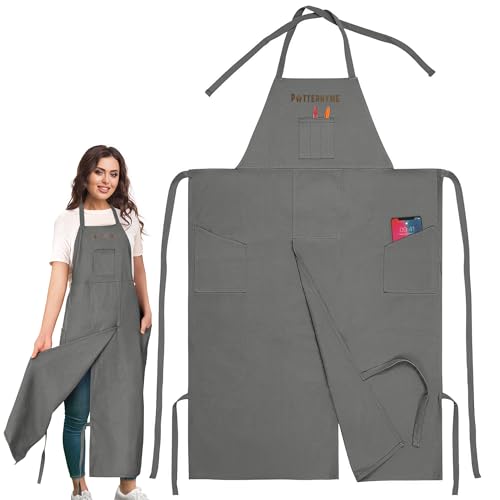 Full Coverage Pottery Apron Split Leg - 100% Cotton Canvas Potter's & Ceramics Aprons with Pockets for Women & Men - color: Grey