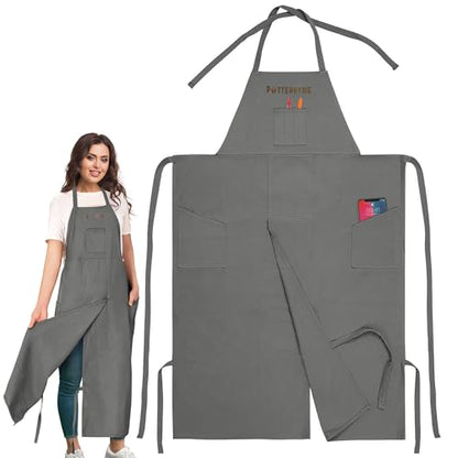 Full Coverage Pottery Apron Split Leg - 100% Cotton Canvas Potter's & Ceramics Aprons with Pockets for Women & Men - color: Grey
