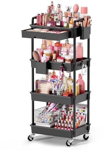Goovilla Rolling Makeup Organizer Cart with Removable Drawer, 4 Tier Black | Stable Floor Skincare Storage Cart for Vanity, Cosmetic Display, Nail Polish, Perfume, Hair Stuff, Beauty, Bathroom(Plastic) - color: Black, size: 4 Tier