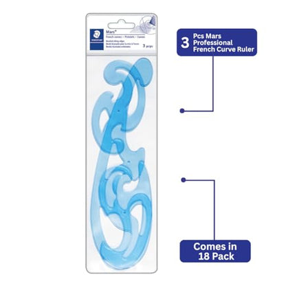STAEDTLER Mars Professional French Curve Design Ruler Set, 18-Pack | 3 Essential A B C Shapes, Blue Transparent Plastic with Inking Edge, 3 pcs Each Set, 54 Count