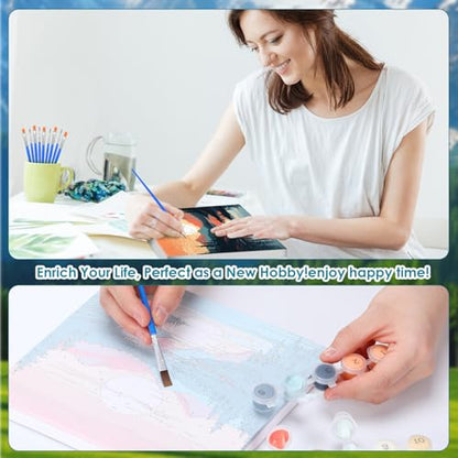 RoundFunny 8 Set Paint by Numbers Drawing Kit for Adults,Landscapes | 8x8 in. Mini Simple Painting Canvas Wooden Frame Easel Acrylic Paint Brush Funny Number Drawing Kit for Gift Wall Home Decor - style: Landscapes