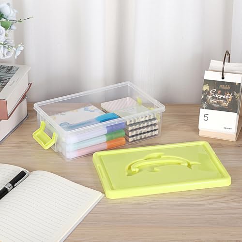 BTSKY 1-Pack Clear Small Plastic Storage Box with Lid - 9″x5.5″x2.8″ Yellow | Stackable Organizer Featuring Easy-Lift Dolphin Design, Multi-Use Portable Container for Craft, Office, Space-Saving - color: Yellow