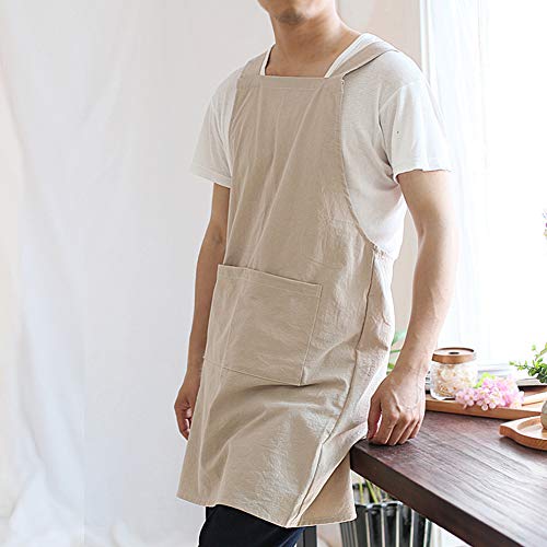 NEWGEM Japanese Cotton Linen Cross Back Cooking Apron for Women Men with Pockets Cute for Baking Kitchen - color: 16 - Men's Khaki