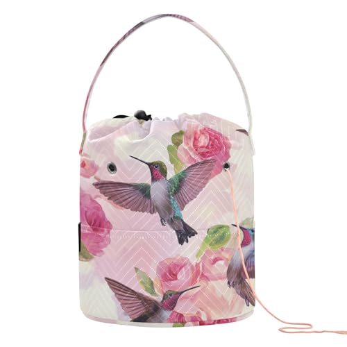 Yarn Bag Small Crochet Bag Drawstring Yarn Storage Organizer Knitting Project Bags Potable Yarn Holder with Holes Handle Crocheting Needles Knitting Accessories Pink Anna Hummingbird and Rose - color: Pink Anna Hummingbird and Rose