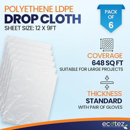 6 Pack 12 x 9 ft Extra Large Plastic Drop Cloth for Painting | Light & Durable Tarp Cover for Furniture Plastic Clear Tarp Waterproof - Paint Floor Covering - Painters Drop Cloth Sheeting - size: 6 Pack