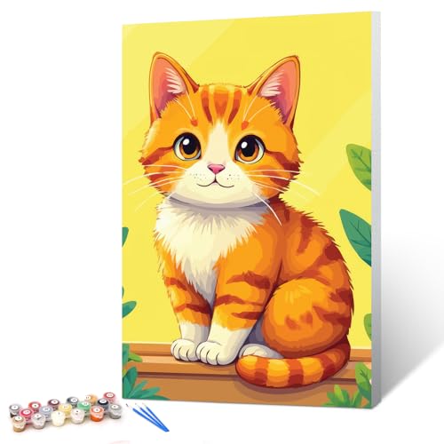 Ginkko Paint by Numbers Kit for Adults Beginner & Kids Ages 8-12 with Wooden Frame Easy Acrylic on Canvas 8x12 inch with Paints and Brushes, Ginger cat(Include Framed) - color: Gingercat framed, size: 8x12 Inch