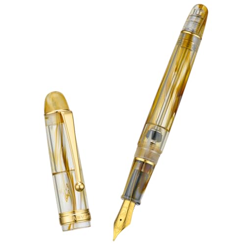 Asvine V126 Vacuum Filling Fountain Pen Fine Point, Brown Swirl Transparent Acrylic Pen Gift Case - color: Brown Swirl, style: Fine Point