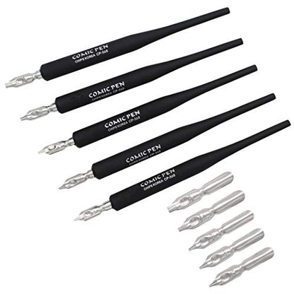 Plastic Professional Manga Gothic Pen Dip Pen Set with 5 Nibs Manga Calligraphy Drawing Pen Kit - 5 Pcs, Black - color: Black