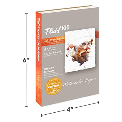 Fluid 100 Watercolor Paper Block, 4 x 6 inches, 15 Sheets, 140 lb (300 GSM) 100% Cotton Cold Press Pad for Artist Painting and Wet Media - size: 4 x 6 (140 lb)