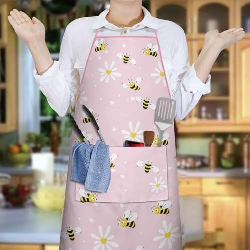 Apron with 2 Pockets,Kitchen Chef Artist Aprons for Cooking Gardening Baking Painting, Waterproof Apron 33" x 27" - color: Bee