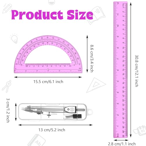 Zonon 3 Pcs 12" Clear Plastic Ruler 6 Inch Protractor Compass Set, Pink - color: Pink, size: 12 Inch
