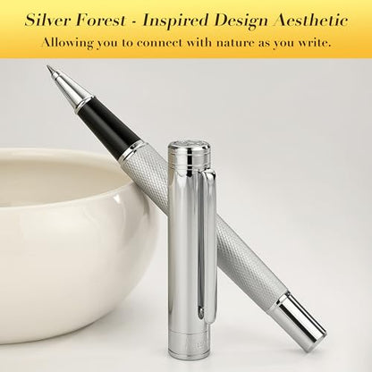 MCNTEIK Silver Rollerball Pen, Stunning Luxury Pen with Mesh Texture Design, Bright Silver Chrome Finish, Schmidt refill, Nice Gift Set for Men & Women, Executive, Office, Graduation, Fancy Pens - color: Silver