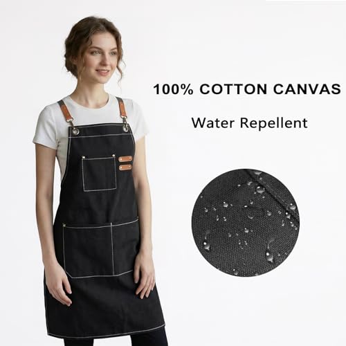 ZOMAO Chef Apron for Women Men with Large Pockets, Cotton Canvas Cross Back Waterproof Work Aprons for Kitchen Cooking Bib - color: Black
